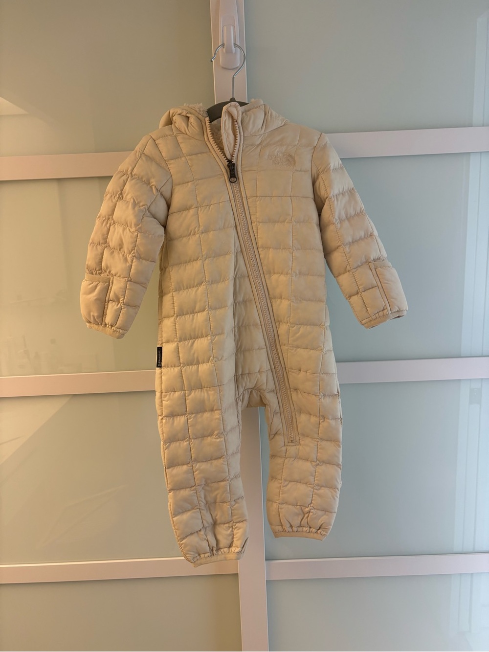 The North Face Cream Quilted Baby One-Piece Hooded Snowsuit (Thermoball)